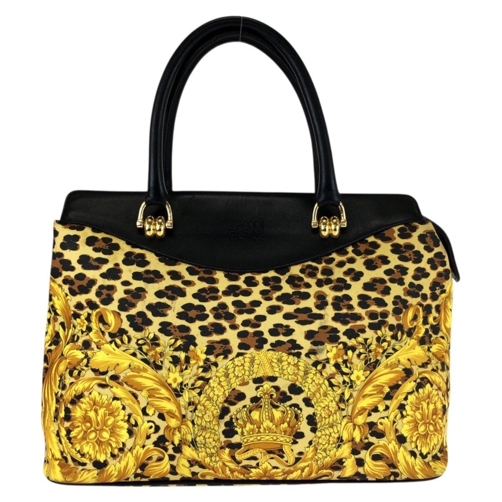 VERSACE Vintage Baroque Yellow Black Gold Hardware Leather Handbag Mini Bosto...